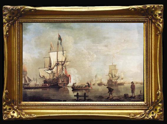 Thomas Mellish The Royal Caroline in a calm estuary flying a Royal standard and surrounded by an attendant barge and other small boats